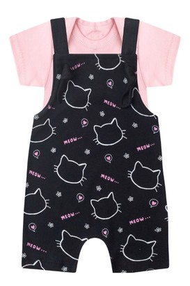 Conjunto Bebê Algodão Body Rosa e Jardineira Preto Gatinha (P/M/G/1) - Bebê Fofuxo