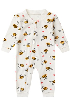 Macacão Bebê sem Pé Suedine Off White Abelhinha (RN/P/M/G) - Bebê Fofuxo