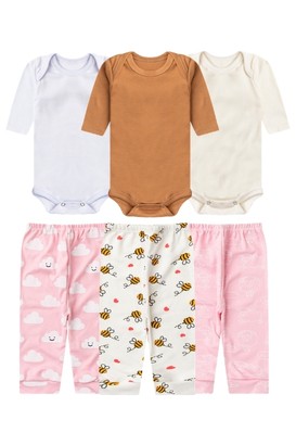 Kit 3 Conjuntos Body Manga Longa + Mijão Bebê Menina Estampas Sortidas - Bebê Fofuxo