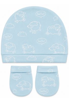 Kit Touca e Luva Bebê Suedine Azul Ovelhinha (UN) - Bebê Fofuxo