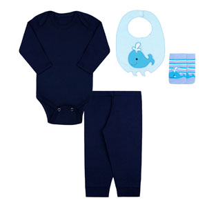 Kit Body e Mijão Bebê Masculino com Babador e Meia Azul Baleia (4 peças) - Bebê Fofuxo - Tamanho único - Azul,Azul Marinho