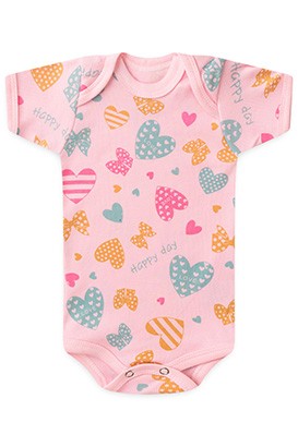 Body Bebê Feminino Canelado Manga Curta Rosa Coração (RN/P/M/G) - Top Chot