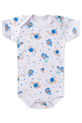 Body Bebê Canelado Manga Curta Branco Elefante Azul (RN/P/M/G) - Top Chot