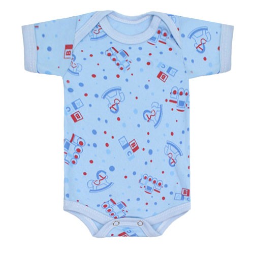 Body Bebê Masculino Canelado Manga Curta Azul Trenzinho (RN/P/M/G) - Top Chot - Tamanho M - Azul