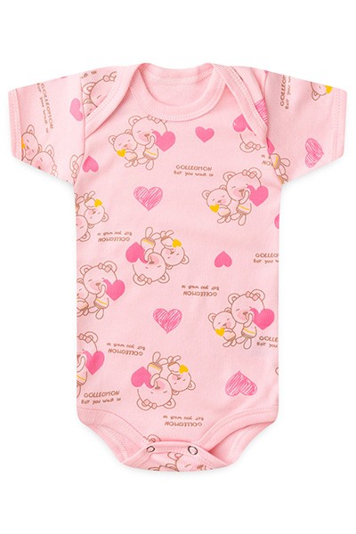 Body Bebê Feminino Manga Curta Canelado Rosa Ursa Coração (RN/P/M/G) - Top Chot - Tamanho RN - Rosa