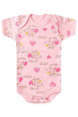 Body Bebê Feminino Manga Curta Canelado Rosa Ursa Coração (RN/P/M/G) - Top Chot