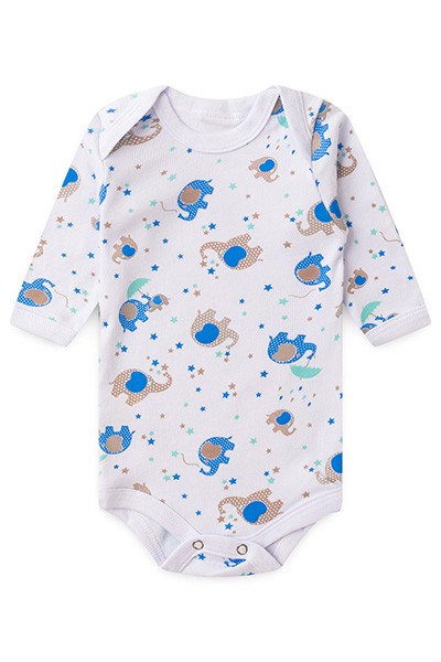 Body Bebê Canelado Branco Elefantinho Azul Manga Longa (RN/P/M/G) - Top Chot - Tamanho G - Azul