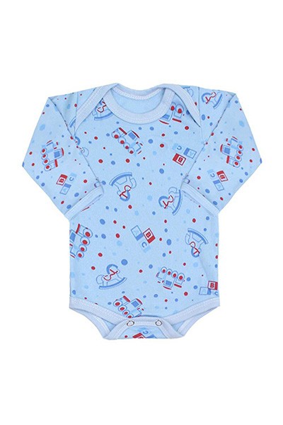 Body Bebê Masculino Canelado Azul Trenzinho Manga Longa (RN/P/M/G) - Top Chot - Tamanho G - Azul