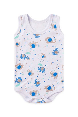 Body Bebê Regata Canelado Branco Elefante Azul (P/M/G) - Top Chot