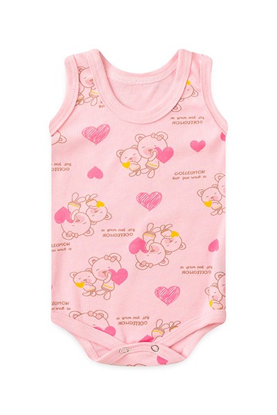 Body Bebê Feminino Regata Canelado Rosa Ursa Coração (P/M/G) - Top Chot - Tamanho G - Rosa