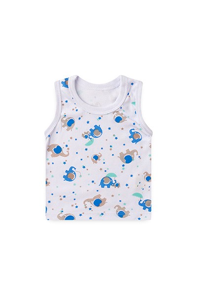 Camiseta Bebê Regata Canelada Branca Elefante Azul (P/M/G) - Top Chot - Tamanho M - Branco