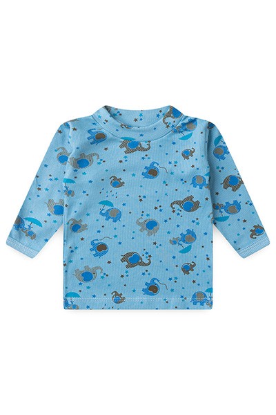 Camiseta Bebê Masculina Canelada Manga Longa Azul Elefantinho e Estrelas (P/M/G) - Top Chot - Tamanho G - Azul