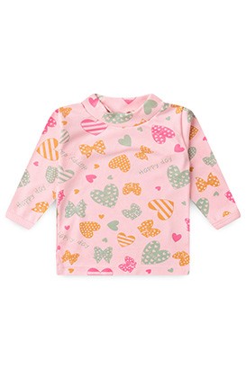 Camiseta Bebê Feminina Canelada Manga Longa Rosa Coração (1/2/3) - Top Chot