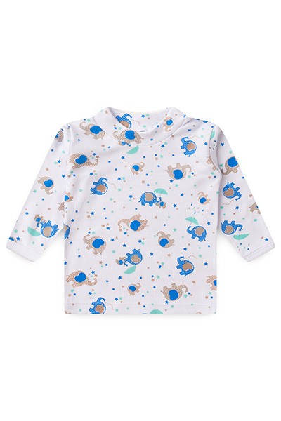 Camiseta Bebê Canelada Manga Longa Branca Elefantinho Azul (1/2/3) - Top Chot - Tamanho 1 - Branco
