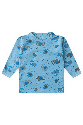 Camiseta Bebê Masculina Canelada Manga Longa Azul Elefantinho e Estrelas (1/2/3) - Top Chot