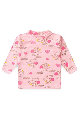 Camiseta Beb� Feminina Canelada Manga Longa Rosa Ursa Cora��o (1/2/3) - Top Chot