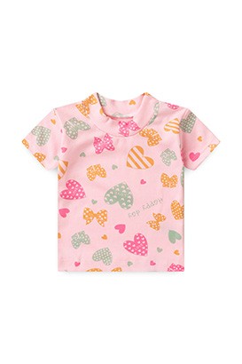 Camiseta Bebê Feminina Canelada Manga Curta Rosa Coração Manga (P/M/G) - Top Chot