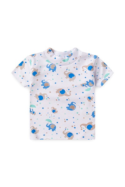 Camiseta Bebê Canelada Branco Elefante Azul Manga Curta (P/M/G) - Top Chot - Tamanho G - Branco,Azul