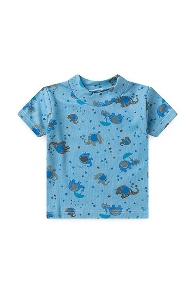 Camiseta Bebê Masculino Canelada Azul Elefantinho Manga Curta (P/M/G) - Top Chot - Tamanho P - Azul