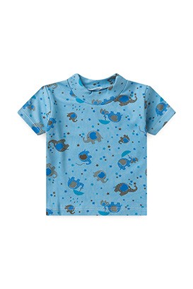 Camiseta Bebê Masculino Canelada Manga Curta Azul Elefantinho (P/M/G) - Top Chot