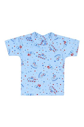 Camiseta Bebê Masculino Canelada Manga Curta Azul Trenzinho (P/M/G) - Top Chot