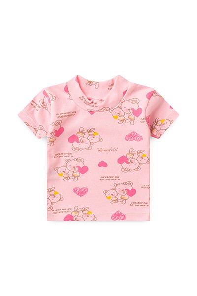 Camiseta Bebê Feminina Canelada Manga Curta Rosa Ursa Coração (P/M/G) - Top Chot - Tamanho P - Rosa