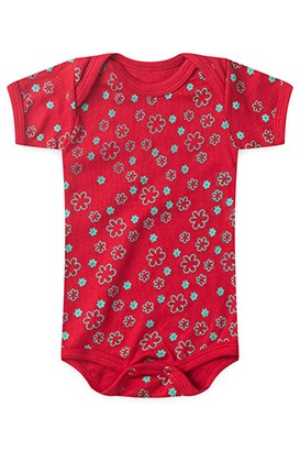 Body Beb� Feminino Canelado Manga Curta Vermelho Florzinhas (RN/P/M/G) - Top Chot