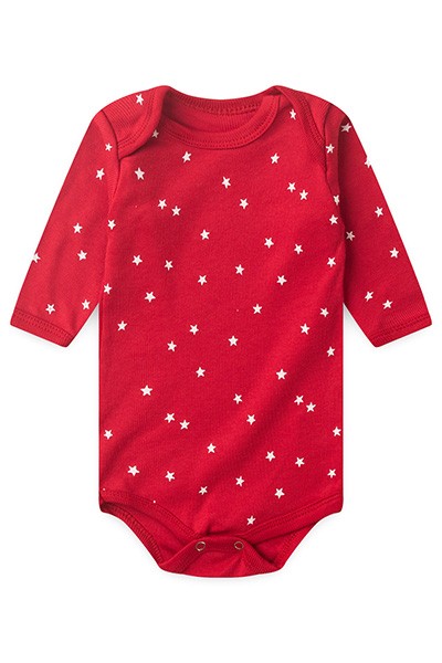 Body Bebê Canelado Manga Longa Vermelho Estrelas (RN/P/M/G) - Top Chot - Tamanho RN - Vermelho
