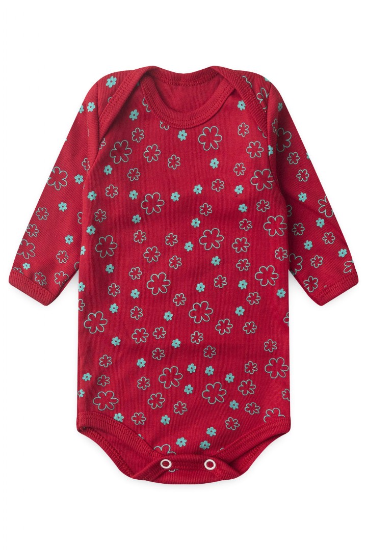 Body Beb� Feminino Canelado Manga Longa Vermelho Florzinhas (RN/P/M/G) - Top Chot