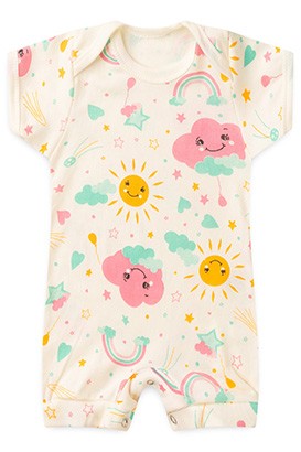 Banho de Sol Bebê Feminino Manga Curta Canelado Off White Solzinho (P/M/G) - Top Chot