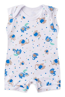 Banho de Sol Bebê Regata Canelado Branco Elefante Azul (P/M/G) - Top Chot