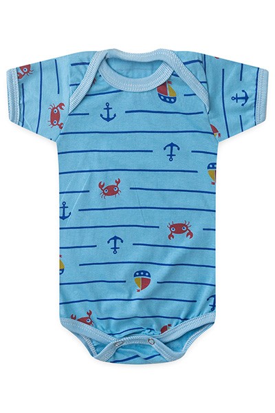 Body Bebê Masculino Manga Curta Meia Malha Azul Caranguejinho Âncora (RN/P/M/G) - Top Chot - Tamanho M - Azul