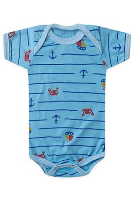Body Bebê Masculino Manga Curta Meia Malha Azul Caranguejinho Âncora (RN/P/M/G) - Top Chot