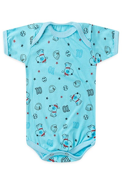 Body Bebê Masculino Manga Curta Meia Malha Turquesa Beisebol (RN/P/M/G) - Top Chot - Tamanho RN - Turquesa