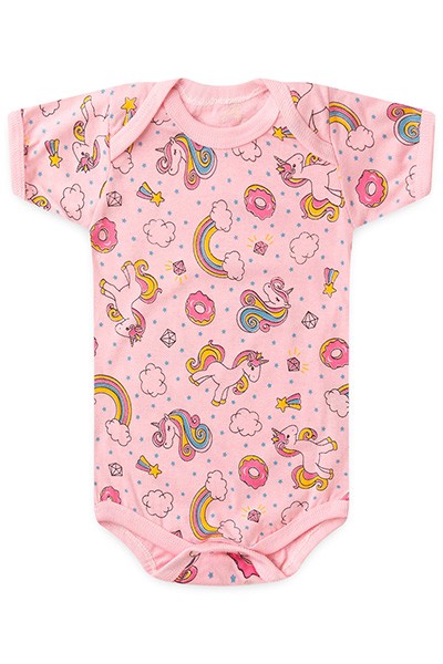 Body Bebê Feminino Manga Curta Meia Malha Rosa Doce Unicórnio (RN/P/M/G) - Top Chot - Tamanho M - Rosa