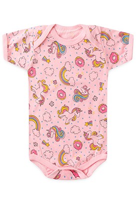 Body Bebê Feminino Manga Curta Meia Malha Rosa Doce Unicórnio (RN/P/M/G) - Top Chot