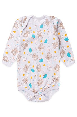 Body Beb� Masculino Manga Longa Meia Malha Branco Ursinho Bal�es (RN/P/M/G) - Top Chot