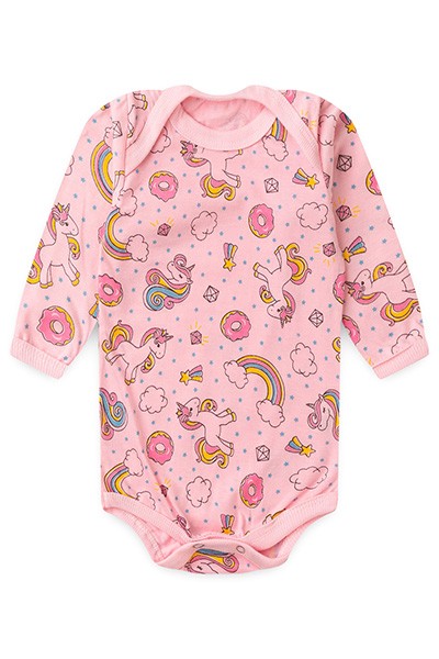 Body Bebê Feminino Manga Longa Meia Malha Rosa Doce Unicórnio (RN/P/M/G) - Top Chot - Tamanho M - Rosa
