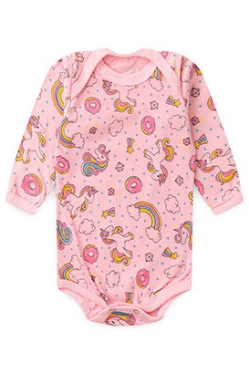Body Beb� Feminino Manga Longa Meia Malha Rosa Doce Unic�rnio (RN/P/M/G) - Top Chot