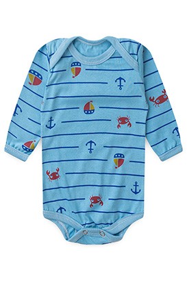 Body Bebê Masculino Manga Longa Meia Malha Azul Caranguejinho Âncora (RN/P/M/G) - Top Chot