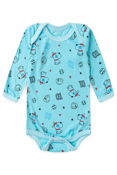 Body Bebê Masculino Manga Longa Meia Malha Turquesa Beisebol (RN/P/M/G) - Top Chot - Tamanho RN - Turquesa