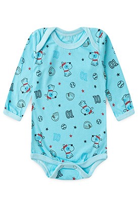 Body Bebê Masculino Manga Longa Meia Malha Turquesa Beisebol (RN/P/M/G) - Top Chot