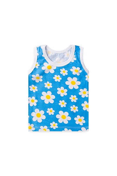 Camiseta Bebê Feminina Regata Meia Malha Azul Flores (1/2/3) - Top Chot - Tamanho 2 - Azul