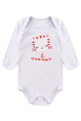 Body Bebê Feminino Manga Longa Canelado Branco Gatinha Abraços (RN/P/M/G) - Top Chot