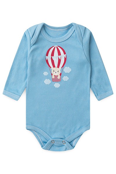 Body Bebê Masculino Manga Longa Canelado Azul Ursinho Balãozinho (RN/P/M/G) - Top Chot - Tamanho RN - Azul