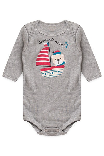 Body Bebê Masculino Manga Longa Canelado Mescla Brincando no Mar (RN/P/M/G) - Top Chot - Tamanho M - Mescla