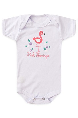 Body Beb� Feminino Manga Curta Canelado Branco Flamingo (RN/P/M/G) - Top Chot