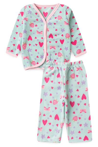 Pijama Bebê Feminino Soft Casaco e Calça Verde Água Coração (1/2/3) - Top Chot - Tamanho 1 - Verde Água