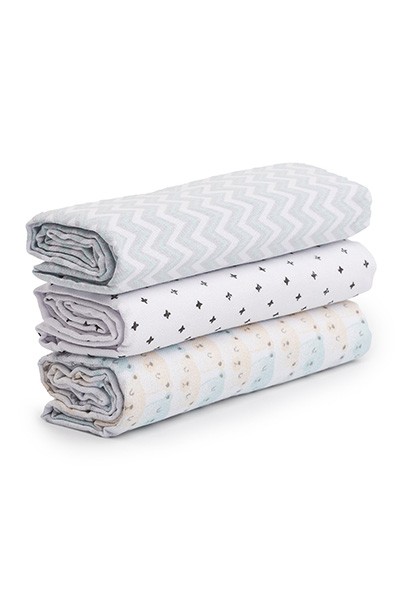 Kit Cueiro Bebê Flanelado Branco Ursinho, Listras Zig-Zag e Pontinhos (3 unidades) - PAPI - Tamanho único - Branco,Verde