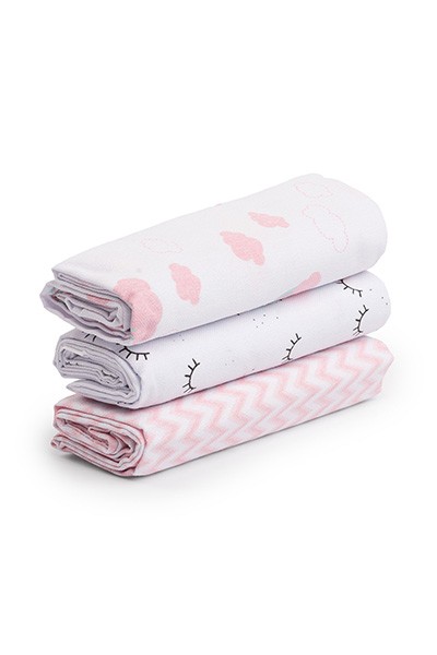 Kit Cueiro Bebê Flanelado Branco Feminino Cílios, Listras Zig-Zag e Nuvens (3 unidades) - PAPI - Tamanho único - Branco,Rosa